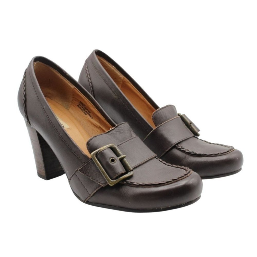 Vintage 90s Steve Madden Brown Leather Slip On Oxford Chunky Heel Shoes Size 8.5